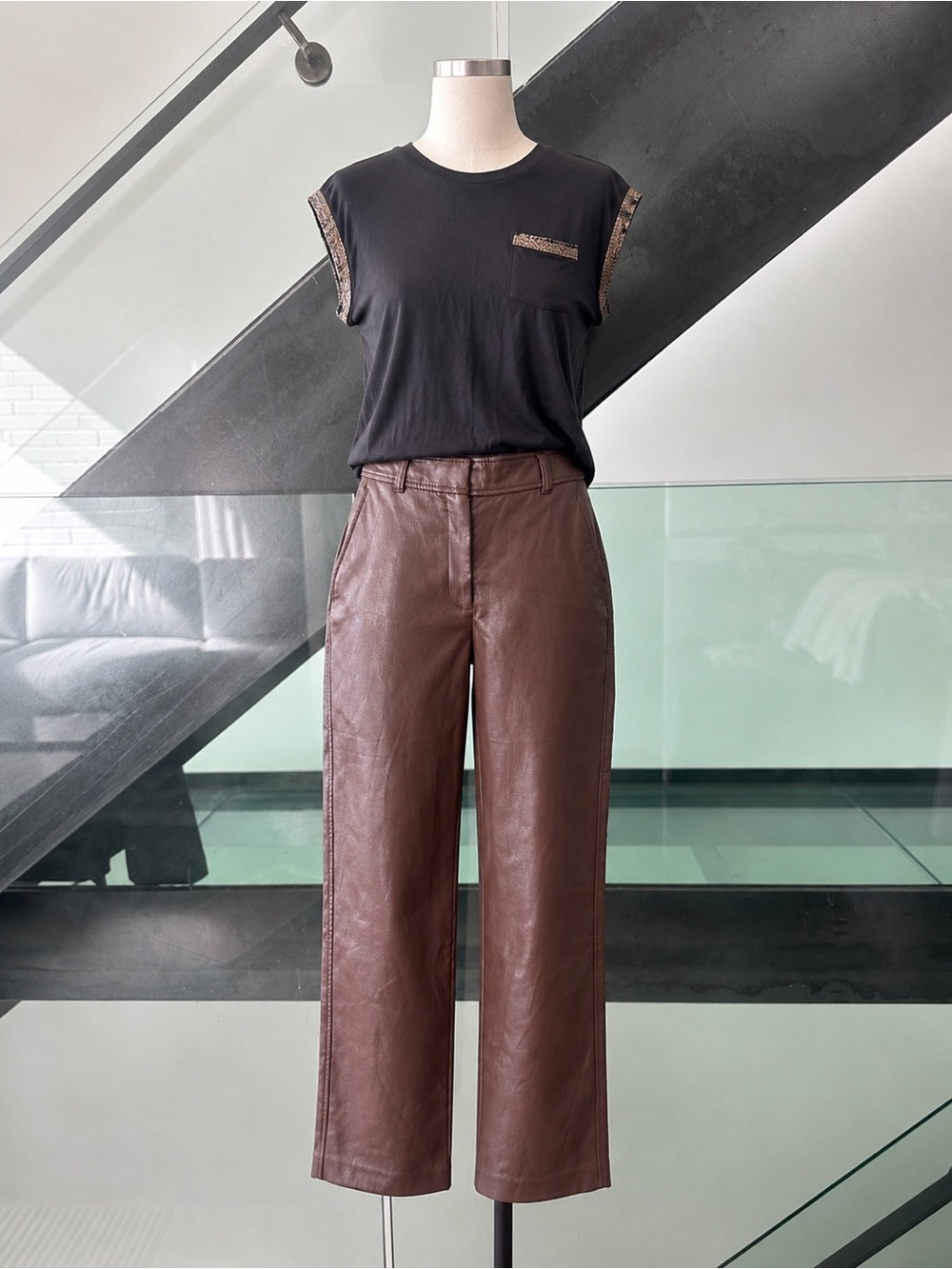 Babaton Brown Straight Leg Faux Leather Capris